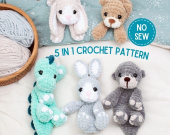 No Sew Animal Snuggler Bundle Crochet Pattern, Amigurumi Lovey Baby Comforter PDF