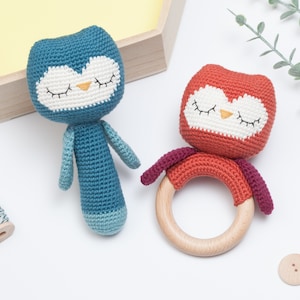 Owl baby rattle crochet pattern, Set of 2 rattle patterns, owl rattle pattern