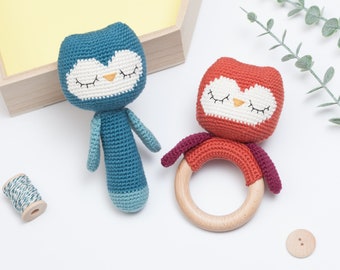 Owl baby rattle crochet pattern, Set of 2 rattle patterns, owl rattle pattern