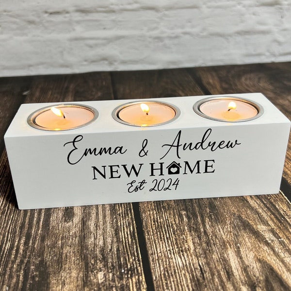 Personalised Wooden Tea light candle holder in white, engraved new home gift.
