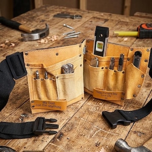 May include: Two tan leather tool belts with black straps and buckles on a wooden surface. Each belt has pockets filled with tools, including screwdrivers, a level, and a multi-tool. One belt has the text "My Dad can fix anything" and the other says "Happy Fathers Day Love Lilly".