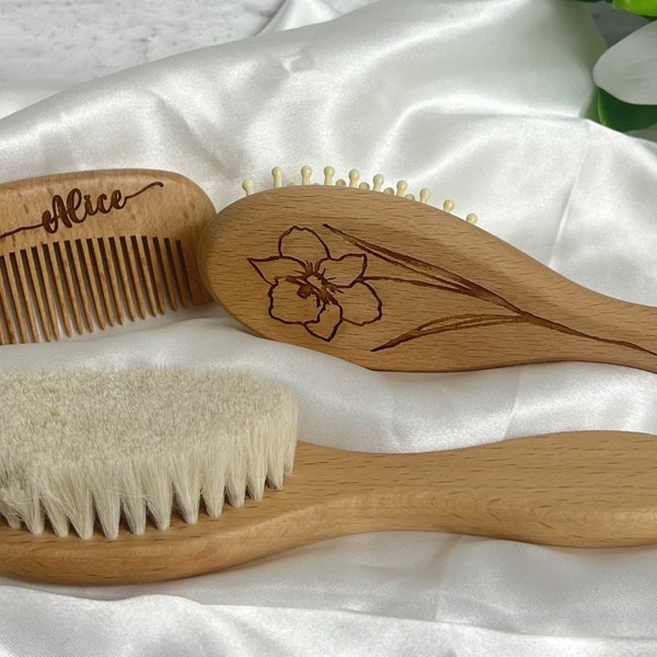 Personalised Birth Flower Baby/Toddler Hair Brush/Comb Baby gift set