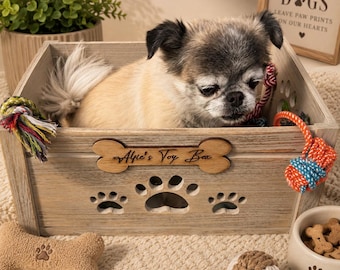Personalized Dog Toy Box: Engraved Wooden Pet Toy Crate