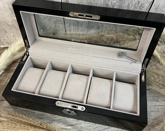 Personalized  watch box with engraved glass lid and chrome lock  with luxury  velvet pillows, solid wood with high gloss high end finish.