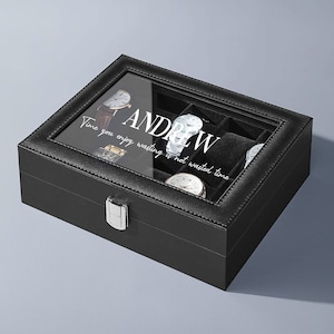 Personalised watch box leather with engraved glass lid. Gift for him, Christmas gift