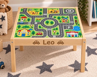 Personalised Wooden Kids Activity Table, Road Car Play, with Engraved Name
