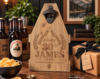 Personalised Birthday Beer Caddy With Bottle Opener, Engraved Wooden Beer Holder, Gift for Him