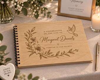 Personalised Wooden Memorial Guest Book, Floral Dove Engraved, Celebration of Life Memory Book