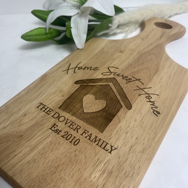 New home gift personalised chopping board, wood engraved cheeseboard  anniversary gift.