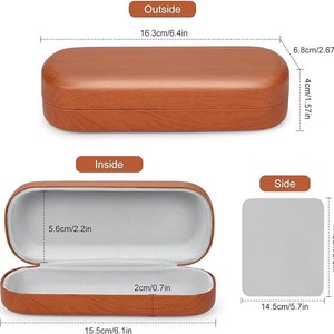 May include: A brown, wood-grain textured eyeglasses case. The case is shown from the outside, inside, and side views. The outside dimensions are 6.4 inches wide and 2.67 inches high. The inside is lined with a light gray material.