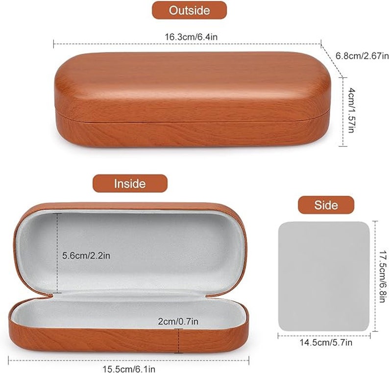 May include: A brown, wood-grain textured eyeglasses case. The case is shown from the outside, inside, and side views. The outside dimensions are 6.4 inches wide and 2.67 inches high. The inside is lined with a light gray material.