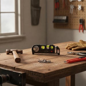 May include: A black spirit level with the text "Best Dad Ever From Lily" rests on a wooden workbench, with a hammer, nails, and a red utility knife. The level has three bubble vials and a laser pointer.