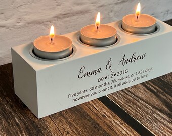 Personalised Wooden Tea light candle holder in white, engraved 5th Anniversary gift