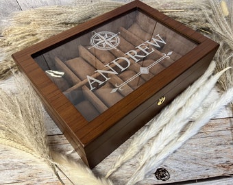 Personalized  watch box luxury wood finish  with engraved glass lid  with luxury brown velvet pillows luxury finish .