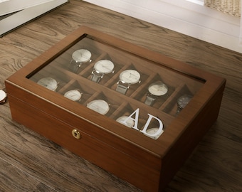 Personalized Wood Watch Box Engraved with Large Glass Lid, Heavy luxury finish.