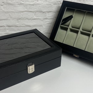 Personaliszed watch box leather with engraved glass lid. Check out the reviews