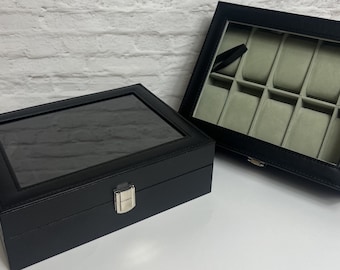 Personaliszed watch box leather with engraved glass lid. Check out the reviews