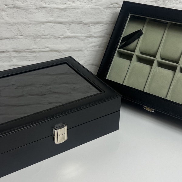 Personaliszed watch box leather with engraved glass lid.