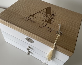 Engraved Wood Jewelry Box: Personalized 3-Tier Lockable Storage