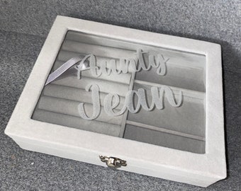 Personalised  Jewellery Box  engraved glass lid  | Grey Velvet Jewellery Storage | Mothers day gift | Wife bridesmaids | personalized