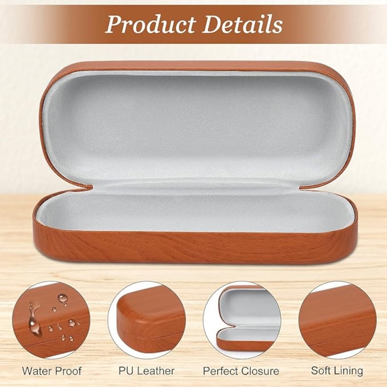 May include: Open brown eyeglasses case with a wood grain pattern and a soft gray interior. The case is labeled "Product Details" at the top. Additional details include "Water Proof", "PU Leather", "Perfect Closure", and "Soft Lining".