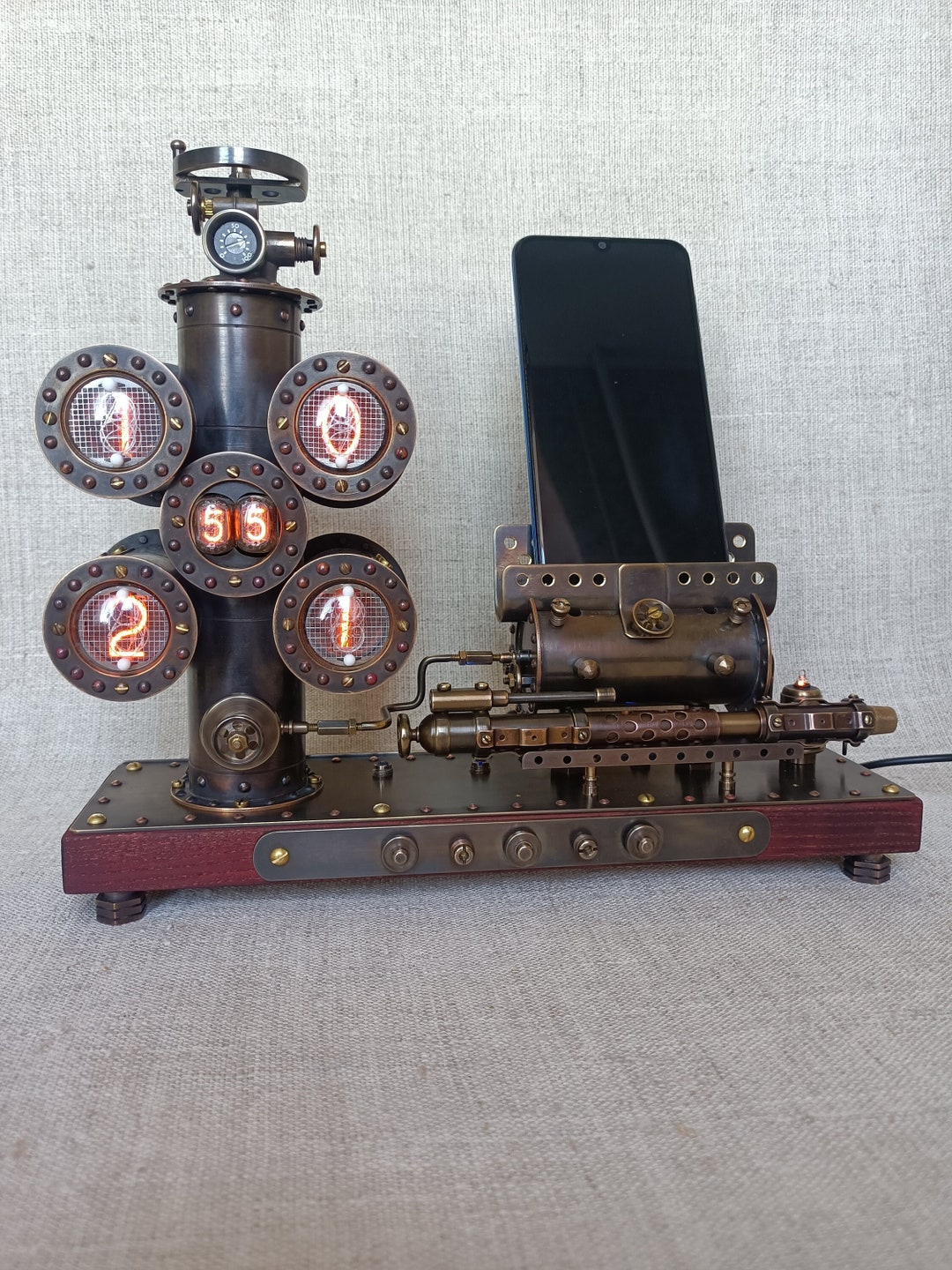 Nixie Desk Clock With a Phone Stand hydromechanical Column With Manual