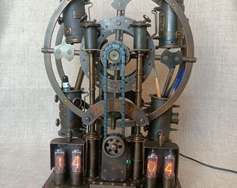 Nixie clock "Ferris Wheel", steampunk table clock, organizer.