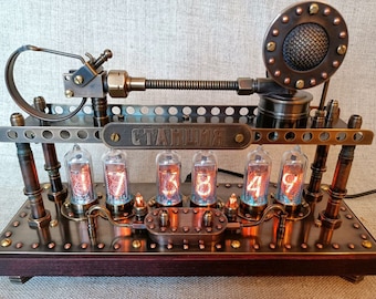 Nixie clock "Station 2", steampunk desk clock.