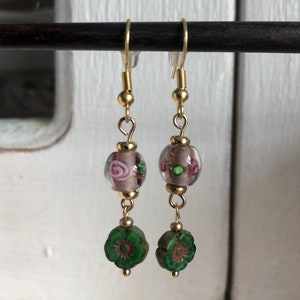 Very pretty pink and green gold earrings, pearl earrings, green flower earrings, friend gift, woman gift