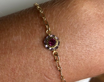 Fine gold bracelet with purple and fuschia Swarovski connector, pretty gold bracelet, purple and handmade fuchsia, gift woman, gift for her