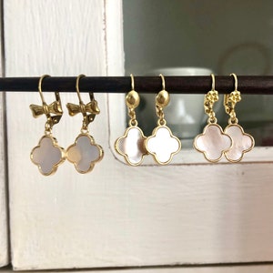 Pretty 18K gold plated mother-of-pearl clover earrings with stainless steel hooks, pretty clover sleepers, women&#39;s gift