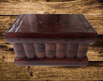 Big chocolate brown wooden magic jewelry puzzle box hidden key secret storage brain teaser treasure trinket case drawer interesting gift toy