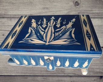 Grote sieraden opslag magic puzzel box blauw met verborgen belangrijkste lade magie openen enorme schat gesneden trinket box hersenkraker