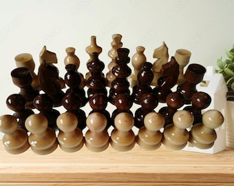 Hand lathed hazel wood mini chess piece set 2 cm or 0.78 inch base diameter brown