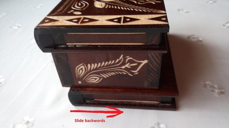 Big wooden magic jewelry puzzle box with hidden key secret opening storage brain teaser treasure trinket case drawer interesting gift toy image 2