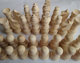 Pièces d'échecs en bois, bricolage, tour à main naturel, sans peinture, non peint, non laqué, 32 pièces