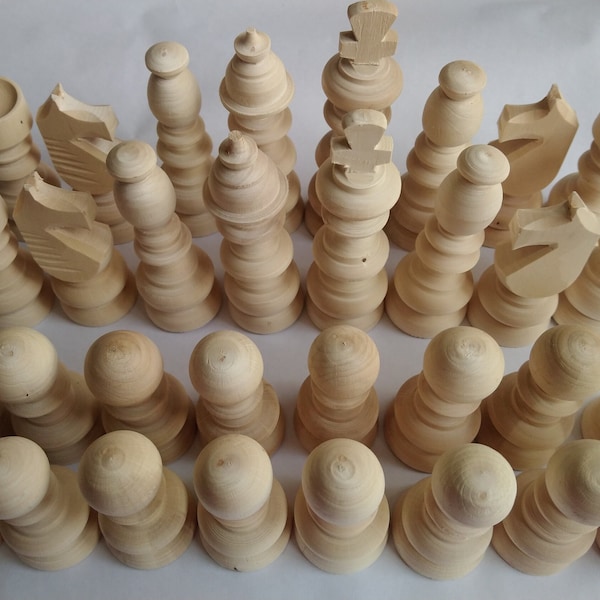 DIY wooden chess pieces hand lathe natural without paint unpainted unlaquered 32 pcs