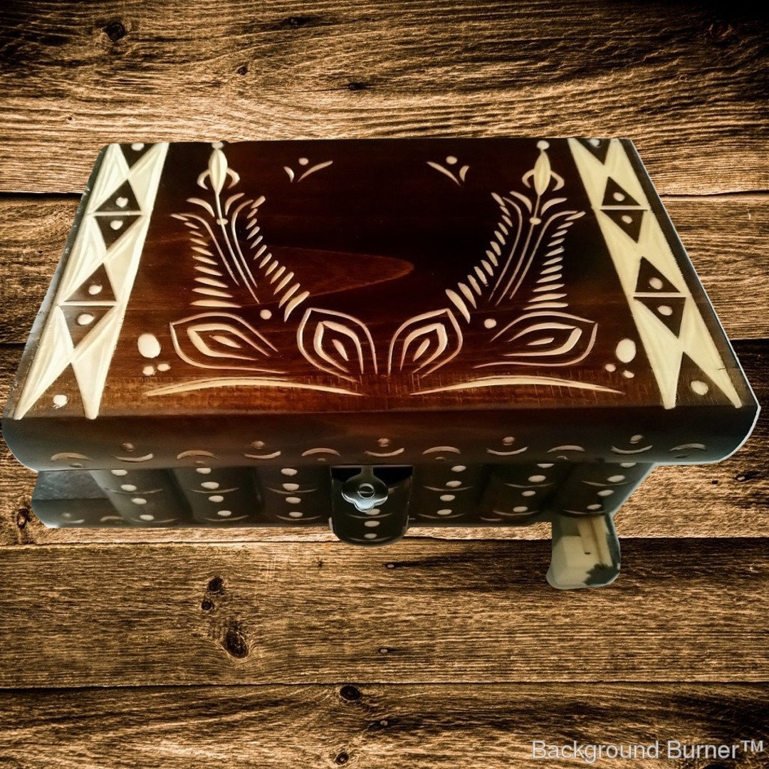 Big Wooden Magic Jewelry Puzzle Box Brown Flower Handcarved Hidden Key Secret Opening Storage