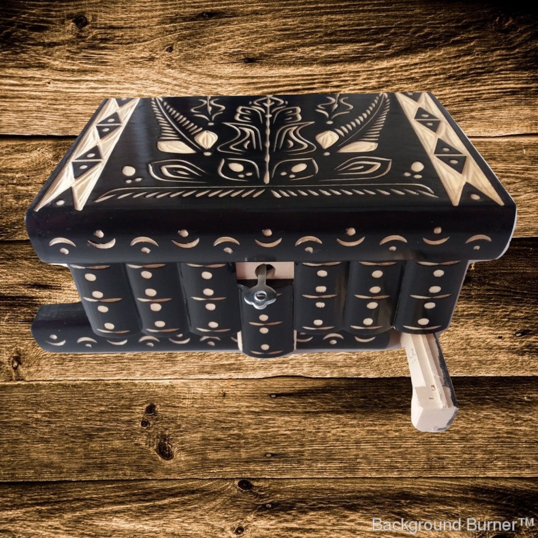 Big Wooden Magic Jewelry Puzzle Box Black Hidden Key Secret Opening Storage Brain Teaser