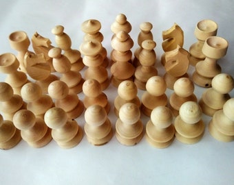 Handmade with lathe natural wooden chess piece set without paint unpainted unlaquered unfinished DIY