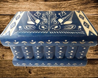 Big wooden magic jewelry puzzle box blue hidden key secret opening storage brain teaser treasure trinket case drawer interesting gift toy