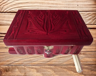 Handmade wooden puzzle jewelry box red with red carving with magic opening and secret storage space hidden key brain teaser fan for family