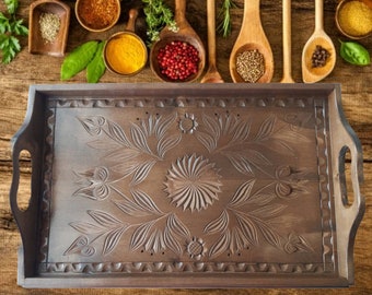 Handmade carved wooden tray serving dish salver decorative plate home decor unique rustic brown