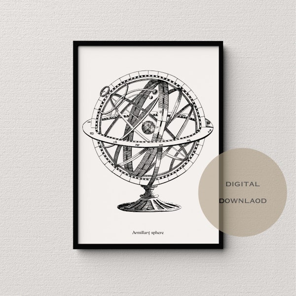 Armillary Sphere | Globe Printable Art | vintage illustration | Illustrated Vintage Posters | Minimalist Black Wall Art | Simple vintage art