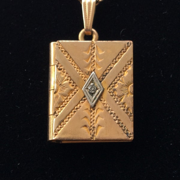 Unique Vintage Gold-filled Book Locket Necklace with Diamond Chip and Original Photographs