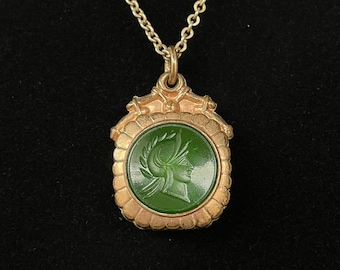 Stunning Green and Rust Double-Sided Intaglio Fob Necklace with Antique Chain