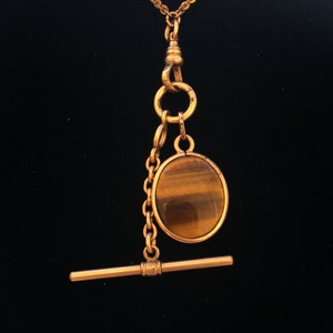 Cool Victorian Gold-filled Fob Chain Necklace with T-bar and Moon and Tiger's Eye Pendant