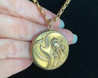 Antique Locket: Incredible Gold-filled Art Nouveau Iris Locket Necklace with "MM" Monogram