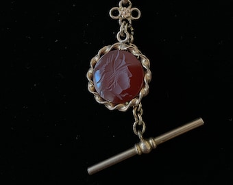 Unique Victorian Fob Chain Necklace with Carved Intaglio and T-bar