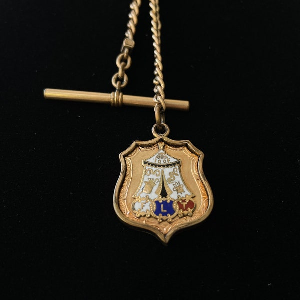 Unique Victorian Fob Chain Necklace with T-bar and Odd Fellows Fob with FLT on one side and Stag on the other